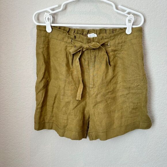 NWT Sigrid Olsen Army Green 100% Linen High Waist Paper Bag Tie Front Shorts L - Picture 1 of 5